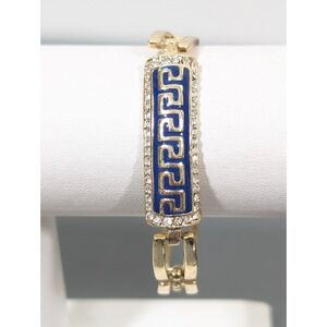 Gold Tone Greek Key Bracelet Blue Enamel Rhinestone Chain 6.5"